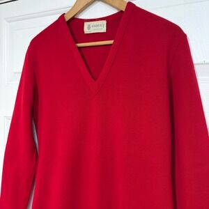 VTG Kimberly Red 100% Wool V-Neck Knit Midi Dress Union Made Long Sleeve Bodycon